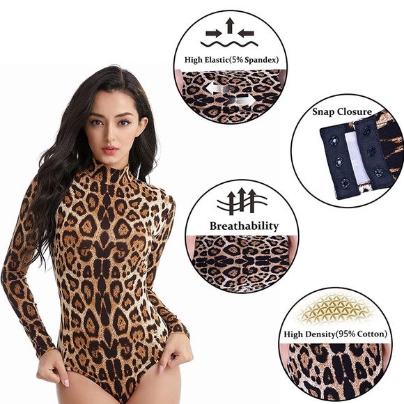 Sytung Leopard Turtleneck Long Sleeve Bodysuit Size Medium - Picture 4 of 7